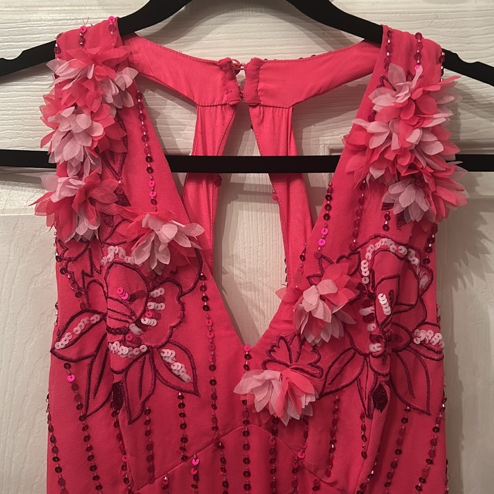 Hot Pink Floral Sequined Prom Gown - Picture 13 of 16